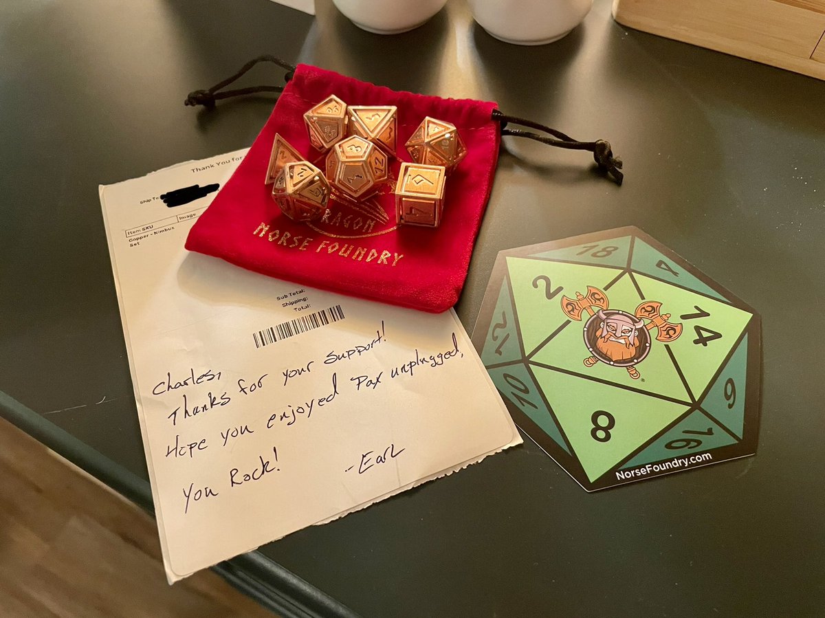 Last post of #paxunplugged dice, I swear! Technically bought these beautiful <a href="/norsefoundry/">Norse Foundry</a> Copper Nimbus dice online, but I was at Pax Unplugged when I did so, so that counts, right? Great customer service too!