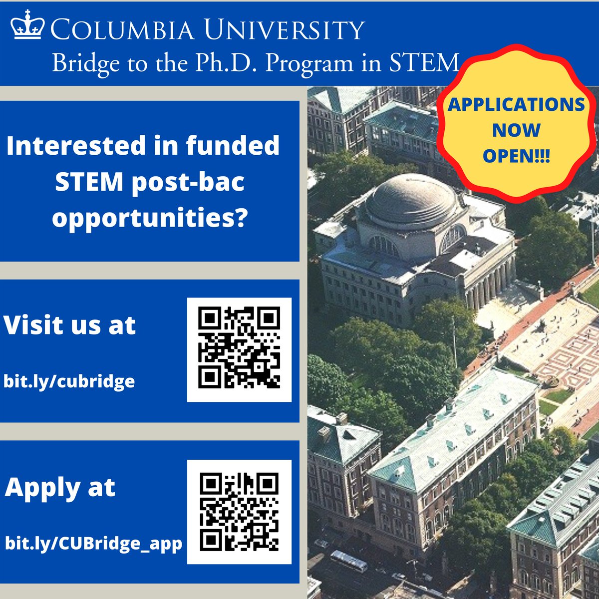 cubridgephd's tweet photo. Please RT: Interested in funded post-bac opportunities in STEM at Columbia University? Applications for our Bridge Program are now open! Visit us at https://t.co/wHMV9LxyV6 for more info.

 #diversityinstem #academictwitter @cientificolatino @vanguardstem https://t.co/InDpcTMTzM