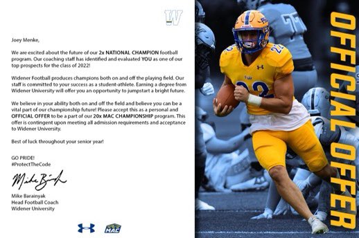 Joey Menke (@joey_menke) on Twitter photo Blessed to receive an offer to continue my academic and athletic career at Widener University. <a href="/CoachNateHinkle/">Nate Hinkle</a> #football Blessed to receive an offer to continue my academic and athletic career at Widener University. <a href="/CoachNateHinkle/">Nate Hinkle</a> #football