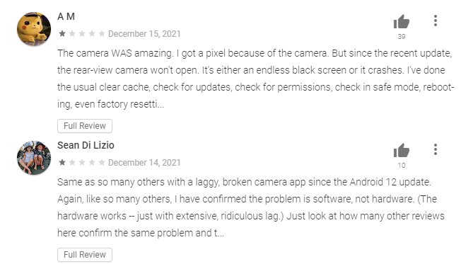 JhaniCoetzee's tweet photo. @madebygoogle after the Android 12 update, a lot of Pixel cameras are not working. I have tried everything I could find. PLEASE help... your Play Store rating is even taking a beating for this. https://t.co/qPRN8zVOdr
