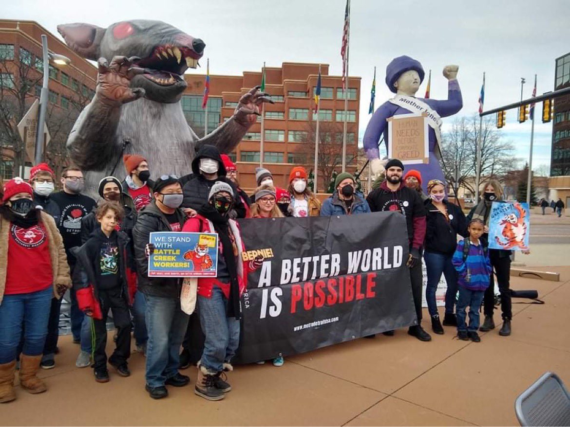 SWMIDSA's tweet photo. DSA at Bernie Sanders’ Kellogg’s strike solidarity rally yesterday in Battle Creek! https://t.co/Eokgr4ZAaJ