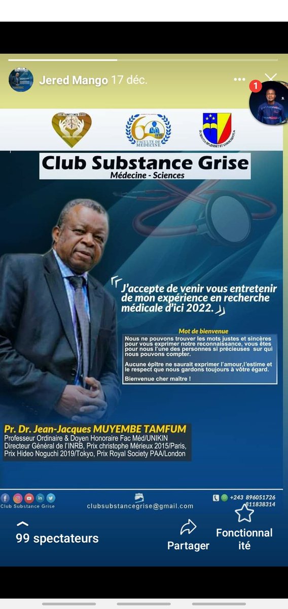 ClubSG1's tweet photo. Merci beaucoup notre Savant !
Vive la Faculté de Médecine/Unikin.@fatshi13 @MTamfum @cabinetmbungani @TopCongo @TV5MONDE @RFI @SaveLifeInAfri1 @jered_mango https://t.co/ADwDjlTuX8