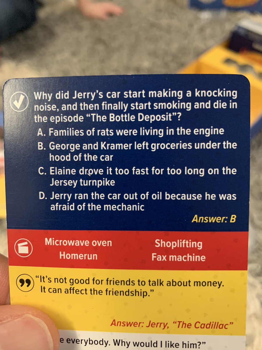 C3U1S5E's tweet image. My fellow Seinfeld fans, I think this trivia card is incorrect. It should be Newman and Kramer not George and Kramer, right??? @SeinfeldTV @FunkoGames