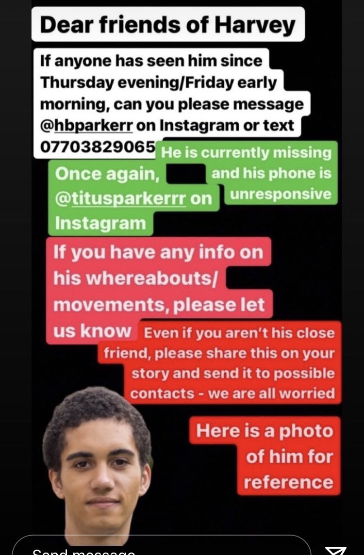 EmilyHassan14's tweet photo. My friend has gone missing in central London and their family are very worried. They were last seen Thursday night/ the early hours of Friday morning. Please share/ retweet. Also Harvey is at York uni so may have connections there. https://t.co/QONnQw58LX