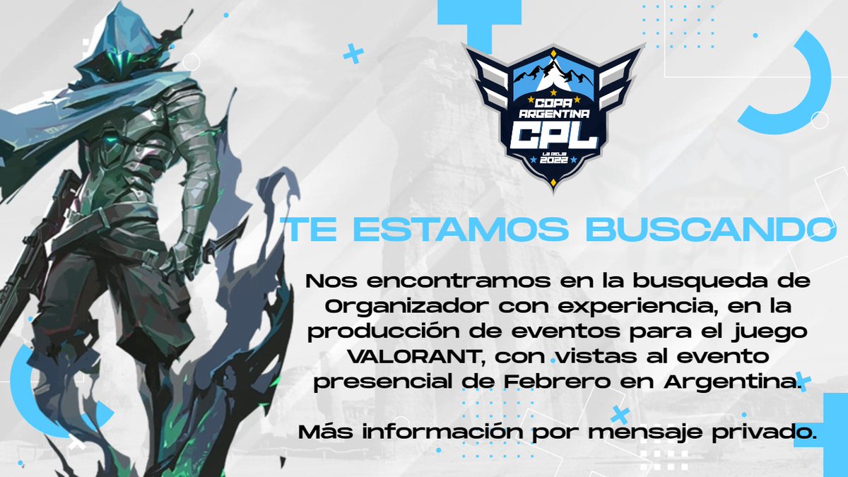 CircuitosLatam's tweet photo. TE ESTAMOS BUSCANDO 👀

Si sos organizador de eventos en Argentina para el juego VALORANT o tenes una orga que realice torneos, te invitamos a sumarte a la Copa Argentina CPL 2022 con final presencial

Arroba a quien creas le interese o danos RT así llega mas lejos!

+Info por DM https://t.co/5AD4zTid4J