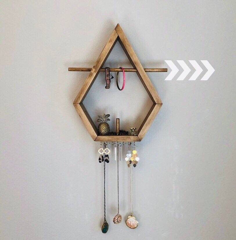 TheWindyChimes's tweet photo. Excited to share this item from my #etsy shop: Jewelry Organizer Wall Shelf, Ring Holder, Necklace Holder, Earring Holder, Unique Wall Shelf, Diamond Wood Shelf, Gift for Wife https://t.co/kUp6JvASko https://t.co/vbs2OCN0Cz