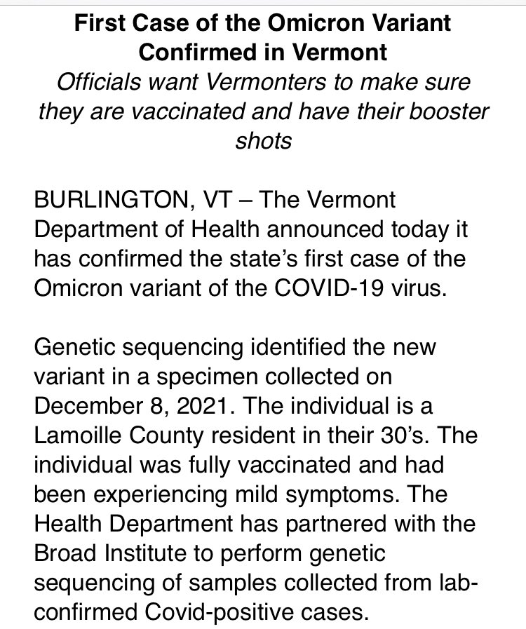 JaneLindholm's tweet photo. Press release from @healthvermont on the first confirmed case in Vermont of someone with the omicron variant. A person in their 30s from Lamoille County. Omicron is likely to be the dominant strain here soon, given its speed of spread in other areas.  1/2 https://t.co/Mbgki4X7yo