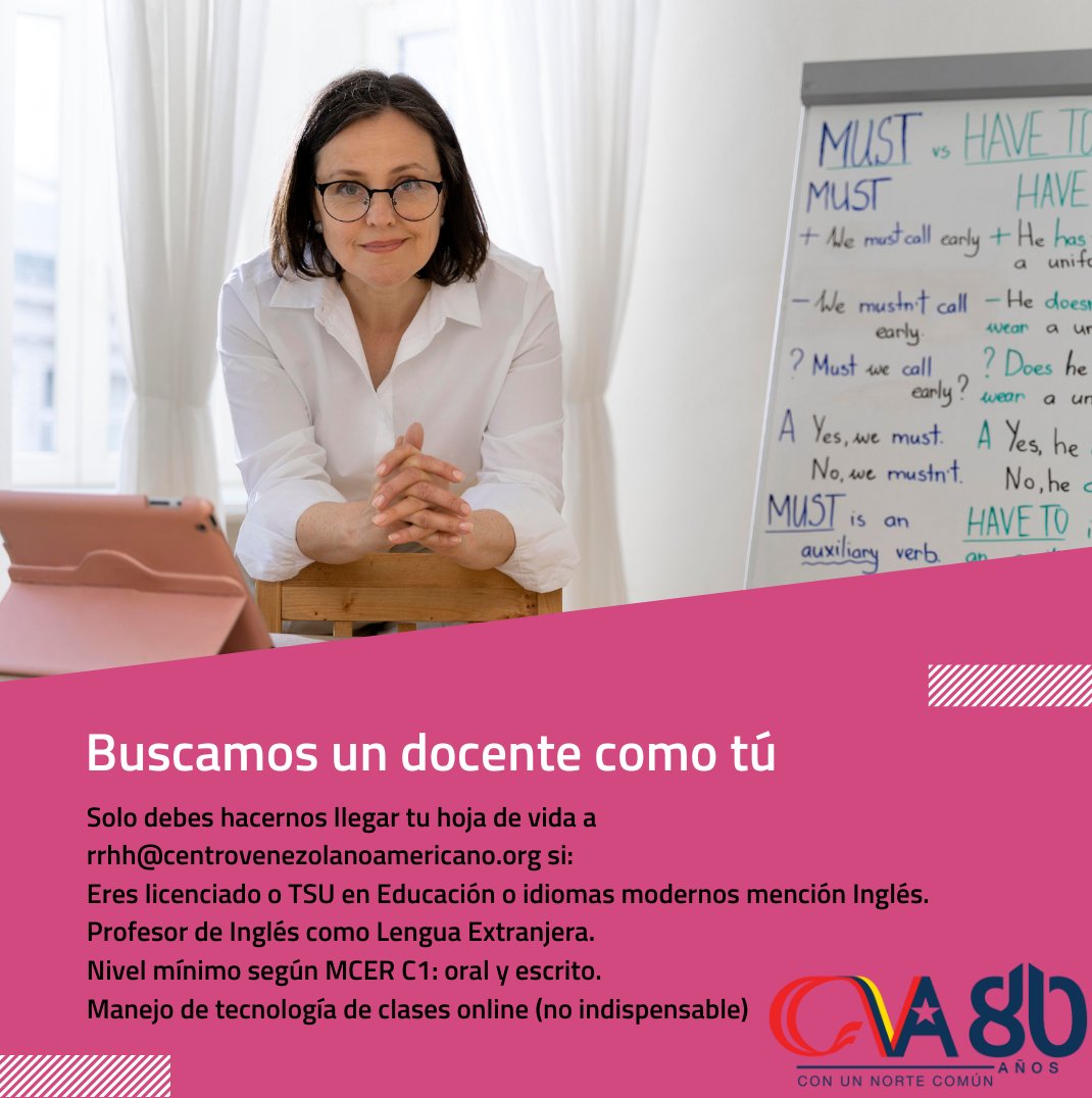 cvalasmercedes's tweet photo. ¿Quieres ser parte de una institución prestigiosa como el CVA?
¡Es tu oportunidad! Solo debes consignar tu síntesis curricular a través del email rrhh@centrovenezolanoamericano.org para sumarte a nuestros profesores #CVAOnline #TeamCVA #Ingles https://t.co/74RsK10qgO