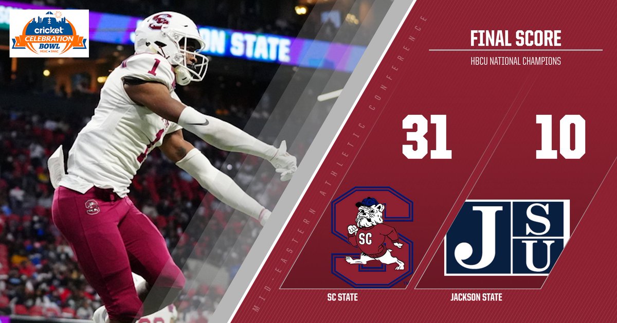 SCStateAthletic's tweet photo. Bulldogs WIN!! SC State Captures 2021 HBCU National Championship!#wearescstate#fearthebite https://t.co/Rf7vnB7qTt
