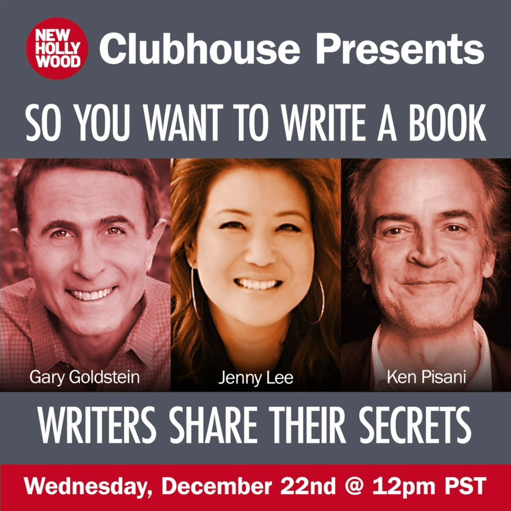 We’re discussing “So You Want to Write a Book: Writers Share Their Secrets” with <a href="/GaryGoldsteinLA/">Gary Goldstein</a>, <a href="/jennyleewrites/">jennyleewrites</a>, #KenPisani, <a href="/theevettevargas/">Evette Vargas</a>, @newhollywoodmo4. Wednesday, Dec 22 at 12:00 PM PST in <a href="/clubhouse/">Clubhouse</a>. Join us! clubhouse.com/event/xeLd2K8d <a href="/stephssimon/">stephanie s. simon</a>