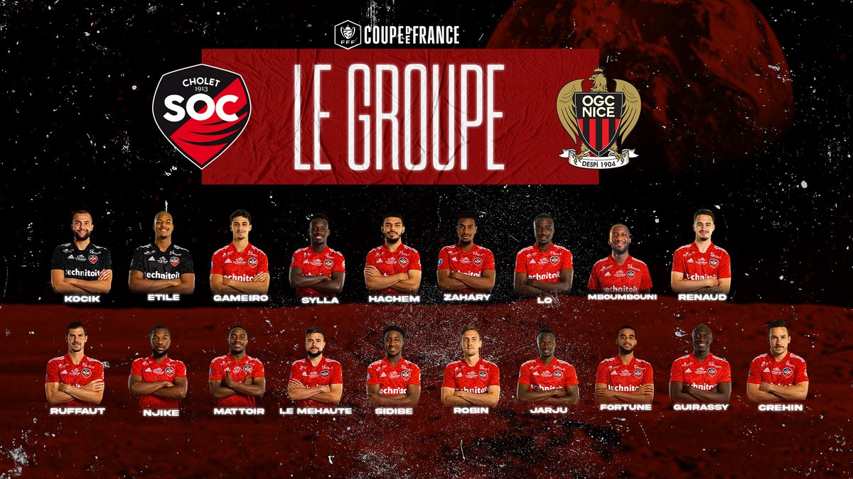 SOCholet's tweet photo. ⚡👥 Découvrez les 𝟭𝟵 𝘾𝙝𝙤𝙡𝙚𝙩𝙖𝙞𝙨, choisis par Richard Déziré pour les 32èmes de finale 🆚 l'@ogcnice ! 🔻

⏲️ Coup d'envoi à 18H20 ! 

--
#VibronsEnsemble
#TeamSOC ❤️🖤 https://t.co/Udp30B7MfL