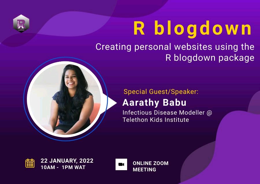 AarathyB's tweet photo. So this should be fun! Creating websites using blogdown is always fun. Thrilled to share with @RLadiesAbuja 
https://t.co/M7K4uUUxek https://t.co/RGaXCRwBvT