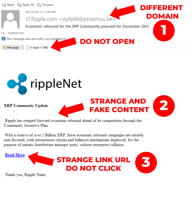 stedas's tweet image. ⚠️How does a phishing email look like?👀

This one pretending to be sent from @Ripple team 

Do not click on the link and report as Junk/Spam 👇