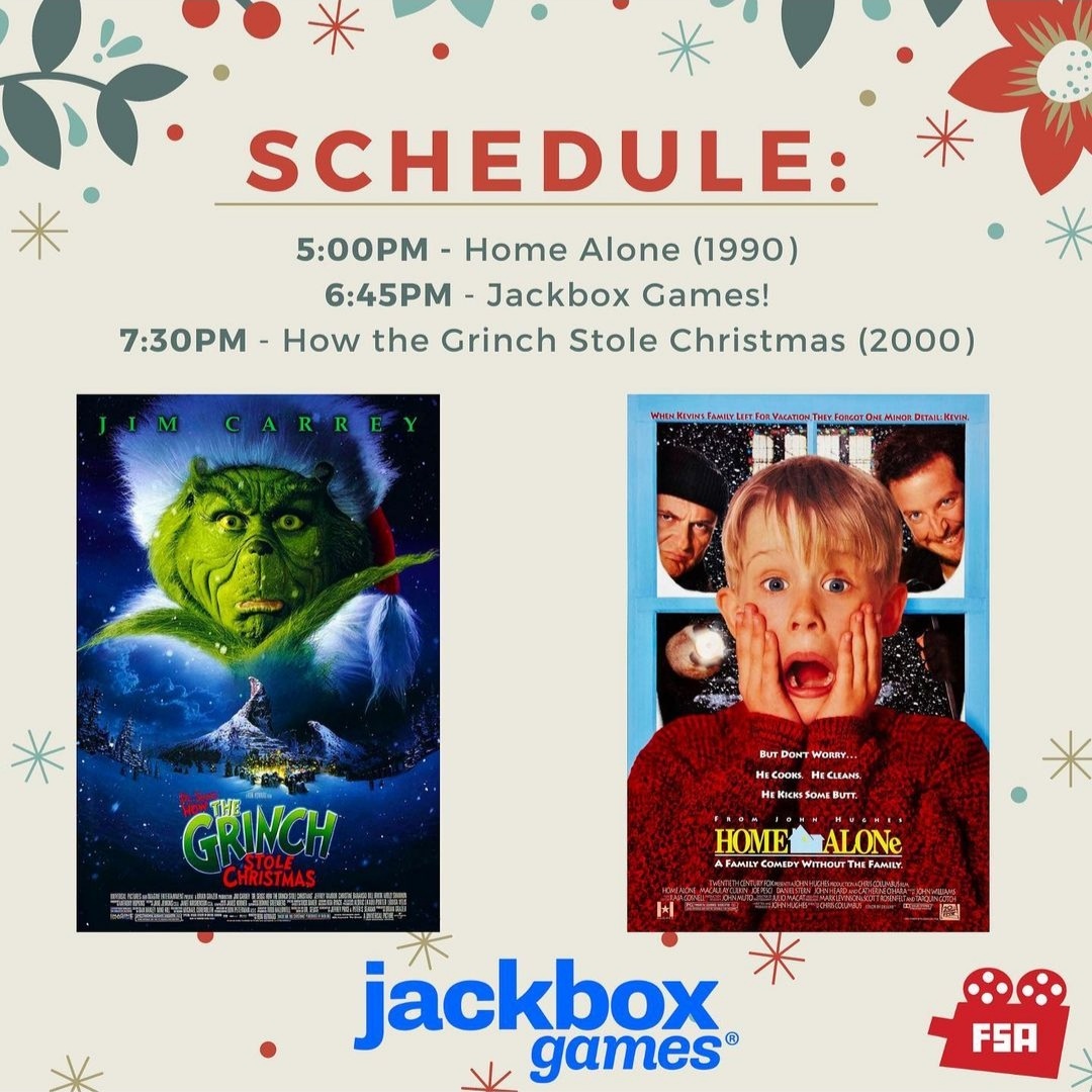 The FSA is hosting a Holiday Movie Night over on Discord (link in bio) on Wednesday December 22nd starting at 5PM!

We’ll be screening Home Alone and How the Grinch Stole Christmas, broken up by a few rounds of your favourite Jackbox games!