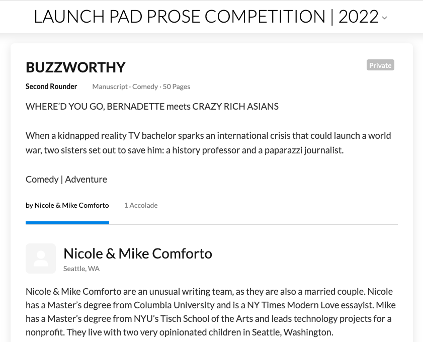 So excited and honored that BUZZWORTHY, the unpublished manuscript I co-write with Mike, made it to the 2nd round in the <a href="/TBLaunchPad/">Launch Pad</a> Prose competition! #WritingCommunity