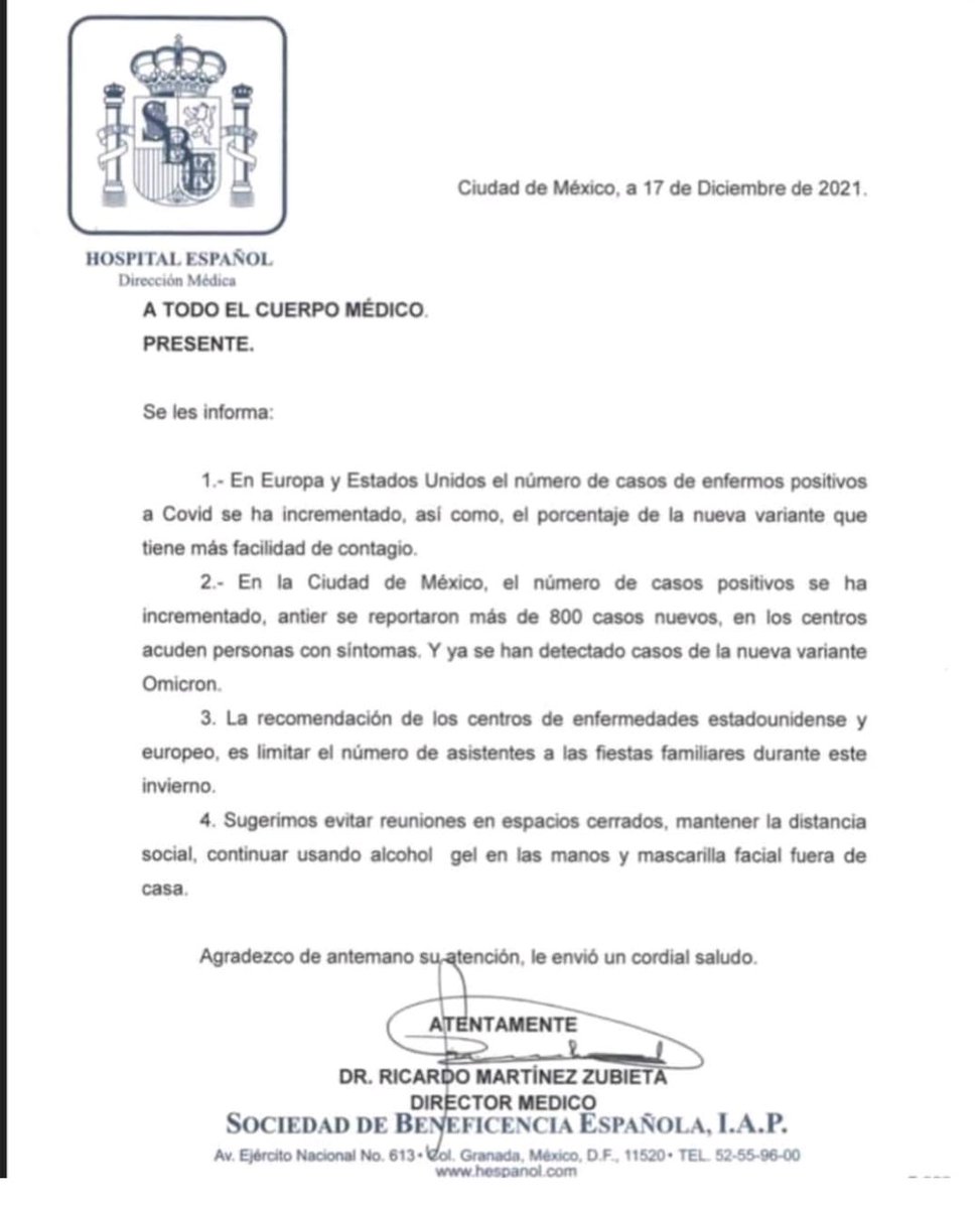 COMUNICADO DEL HOSPITAL ESPAÑOL DE MÉXICO 👇
A cuidarnos, por favor, aunque algunos ignorantes digan lo contrario.
FF