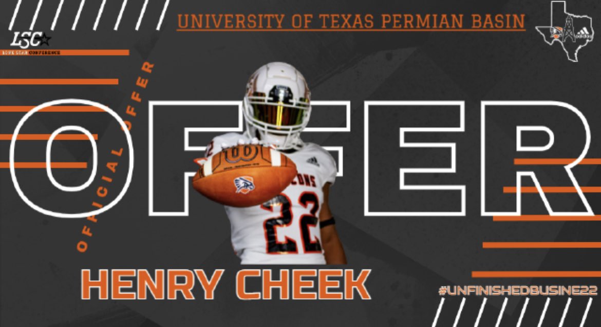 Henrycheek79's tweet photo. Honored to receive my first offer from UT Permian Basin! @DaileyCraig @Coach_Longacre @coachnighttrain @Seguin_Football https://t.co/SjSCefyNAA