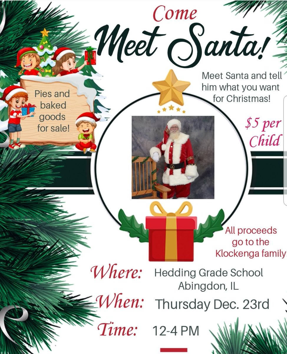 ScottLe31099227's tweet photo. Fundraiser for Todd Klockenga….bring the kids to meet Santa and buy your pies and baking goods for the Holidays! All proceeds going to the family.   If interested in donating pies or baked goods, contact Wes Eckstedt 309-297-6064 https://t.co/LC68Oy9Srn