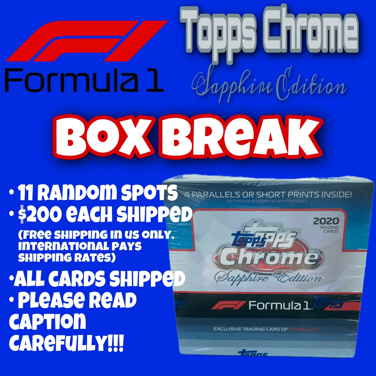 reckless_cards's tweet photo. 🏎🔥ONE BOX OF TOPPS CHROME SAPPHIRE EDITION
🏎🔥BOX BREAKS WHEN FULL
🏎🔥Random Teams (11 spots)
🏎🔥$200 per spot shipped (US)
🏎🔥 DM to Claim or ask questions
🏎🔥 More details on Instagram (break will be live on IG) @HobbyConnector #f1 #f1break #thehobby #f1cards https://t.co/LFkbxYaEF8