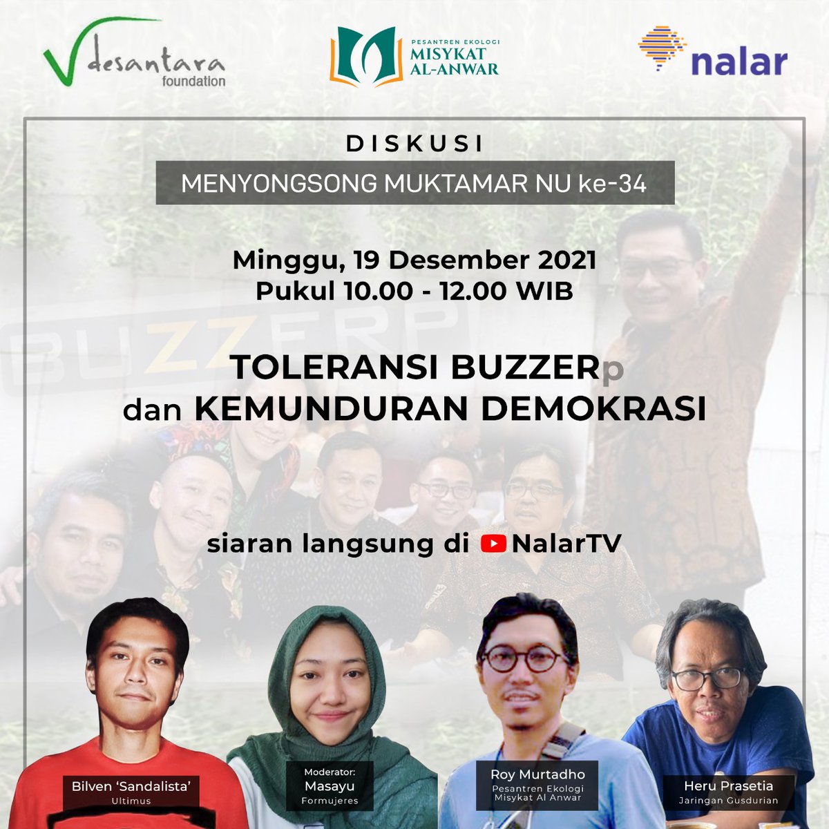 Masih pagi, tapi kita sdh diminta ngomongin fenomena buzzeRp yg kerap memakai isu toleransi &amp; keragaman sebagai senjata untuk membungkam sikap kritis masyarakat sipil terhadap rezim investasi di Indonesia. Sila disimak di youtube <a href="/nalarTV/">Nalar TV</a> <a href="/sandalista1789/">bilven</a> <a href="/heruyaheru/">Heru Prasetia</a>