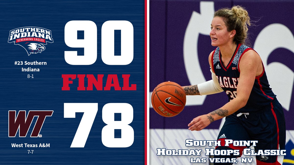 🦅🏀 FINAL: <a href="/usiwbb/">USI Women’s Basketball</a> def. West Texas A&amp;M, 90-78, to open South Point Holiday Hoops Classic. Emma DeHart had 26 pts to lead #23 #GoUSIEagles, who improve to 8-1 &amp; face #9/13 Tampa Sunday. DeHart became 19th player in USI WBB history to reach 1,000 career pts #ScreaglePride #GLVCwbb