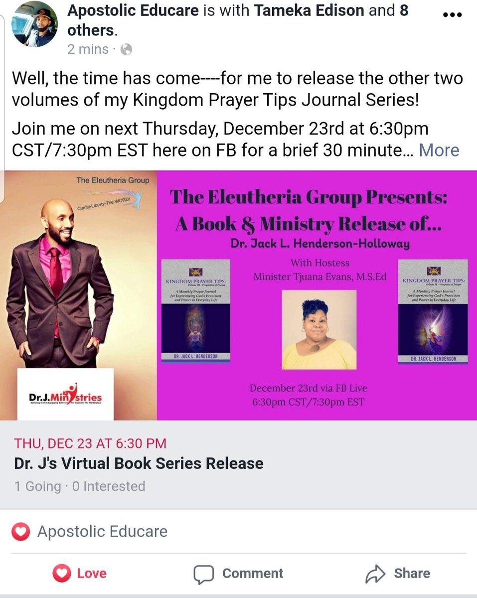 Dr_J1978's tweet photo. Join me on next Thursday, December 23rd at 6:30pm CST/7:30pm EST via FB live under "Apostolic Educare" for a brief 30 minute interview conducted by the one and only, Minister Tjuana Simmons Evans.  We'll "see" you soon! #Prayer 

-Dr. J.
President/CEO, Eleutheria Group https://t.co/Zy4f4jGehC
