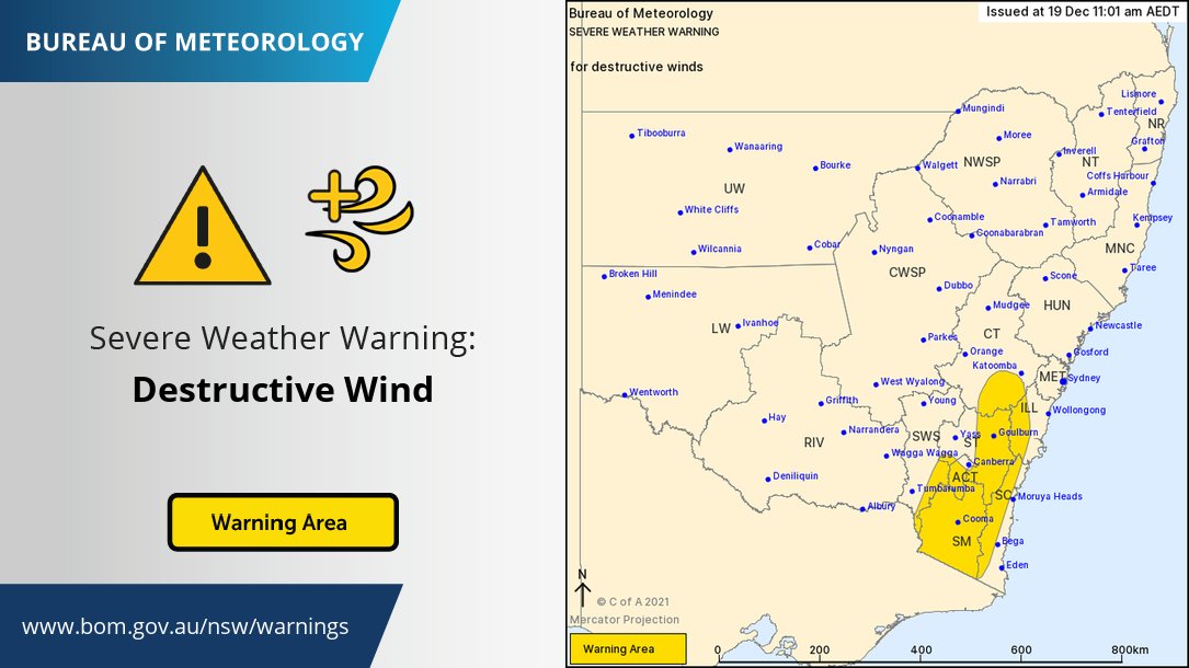 BOM_NSW's tweet photo. ⚠️🌬️UPDATED Severe Weather Warning: #DestructiveWinds. Areas affected are Southern Tablelands, Snowy Mountains, Australian Capital Territory and parts of Illawarra, South Coast, Central Tablelands and South West Slopes Forecast Districts. Warning details https://t.co/Ss766eSCrL https://t.co/0qEALO0s3A