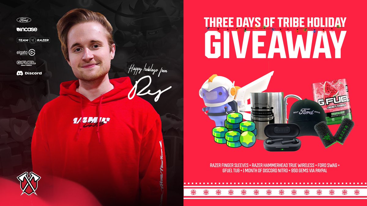 THREE DAYS OF TRIBE HOLIDAY GIVEAWAY! :D 🎄

💎 Prize: Razer Super Stocking, 1 GFUEL tub, Ford Hat and Cup, + 950 Gems (via PayPal) 😊

Rules ✅:
⚪ Follow <a href="/BrawlStarRey/">Rey</a> and <a href="/TribeGaming/">Tribe Gaming</a> 
⚪ Retweet 
⚪ Tag 2 Friends 

HAPPY HOLIDAYS! :DD