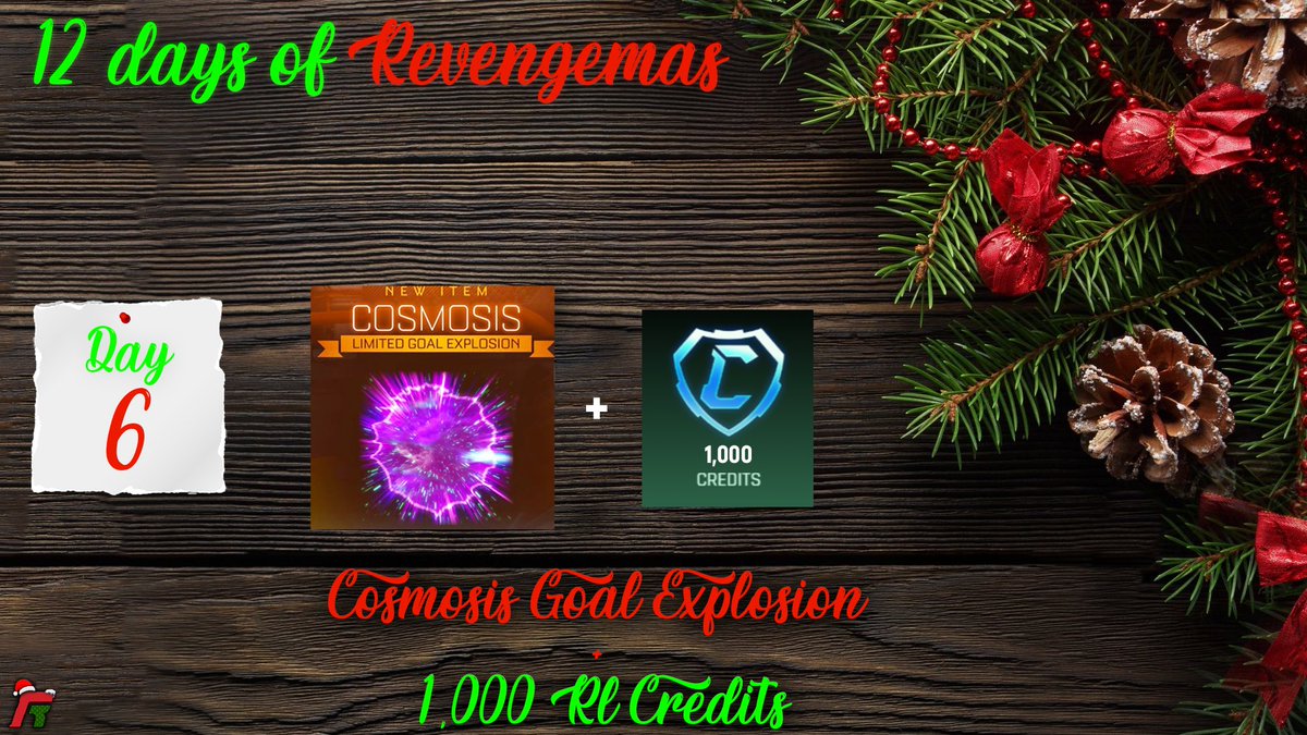 RevengeGG's tweet photo. Day 6 of 12 Days of Revengemas: 1,000 Rocket League Credits + Cosmosis Goal Explosion

To enter:
Retweet this tweet
Follow @RevengeGG
Join the Discord: https://t.co/b9lPXboon2

The winner will be announced in the Discord at 6:15 CST https://t.co/pq5Uc42Nog