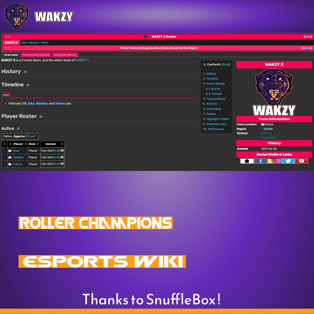 🇫🇷Vous pouvez nous retrouvez dès maintenant sur le Wiki de Roller Champions ! Un grand merci à <a href="/Snufflebox_RC/">Samir "Snufflebox" Homan</a> :)

🇬🇧You can find us now on the Roller Champions Wiki ! A big thanks to <a href="/Snufflebox_RC/">Samir "Snufflebox" Homan</a> :)
rollerchampions-esports.fandom.com/wiki/WAKZY_2