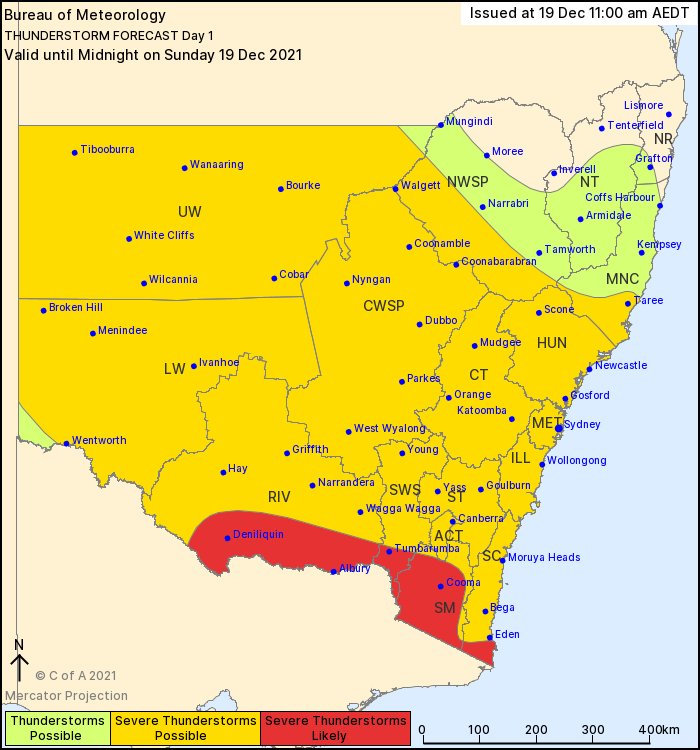 BOM_ACT's tweet photo. ⛈️Thunderstorm forecast Sun 19/12: Thunderstorms forecast for ACT/NSW, with activity increasing into the afternoon and evening. Severe potential: Red zone #DestructiveWinds #LargeHailstones #HeavyRain; Yellow zone #DamagingWinds. Warning updates https://t.co/lRPVJyUlU1 https://t.co/YcOl4AMue1