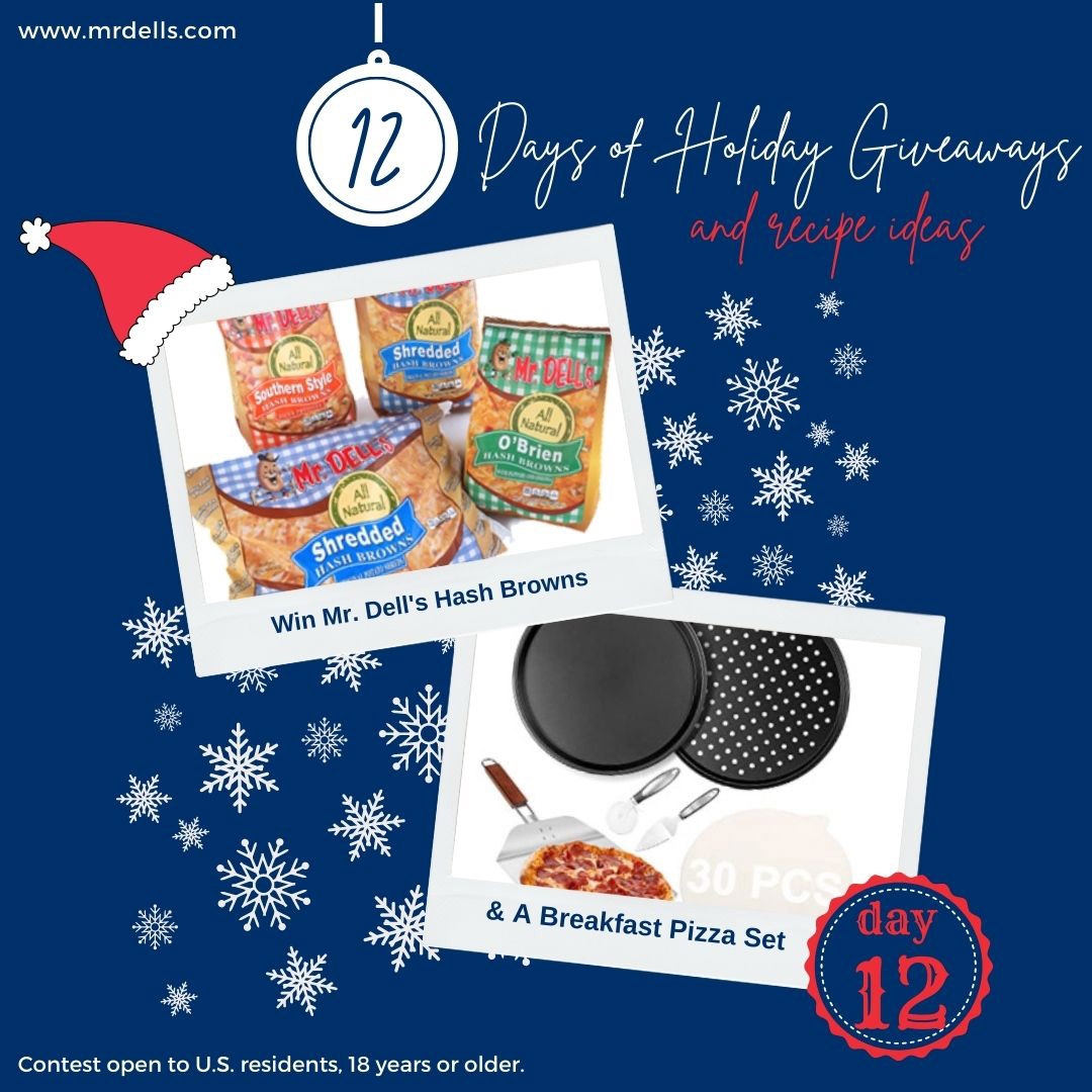MrDellsTweets's tweet photo. On Day 12 of our 12 Days of Giveaways, tell us what you love most about Christmas morning &amp; be entered to win Mr. Dell's Hash Browns &amp; a Breakfast Pizza Baking Set. Like &amp; retweet for extra entries.
*
Recipe-Make our Mr. Dells Breakfast Pizza the night before Christmas and ba... https://t.co/YJIzD7Daci