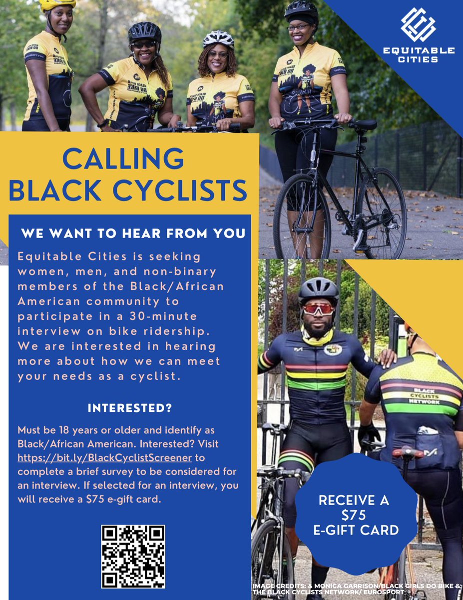 I am looking to connect with Black/African American cyclists &amp; groups across the country. Please share this tweet to help me reach them:bit.ly/BlackCyclistSc…. <a href="/BikeLeague/">League of American Bicyclists</a> <a href="/BWBDC/">Black Women Bike DC</a> <a href="/atlantabike/">Let's Propel ATL</a> <a href="/bikenewyork/">Bike New York</a> <a href="/BrownBikeGirl/">Courtney Williams</a> <a href="/bikejc/">🚲Bike JC🗽</a> <a href="/peopleforbikes/">PeopleForBikes</a> <a href="/equiticity/">Equiticity</a>