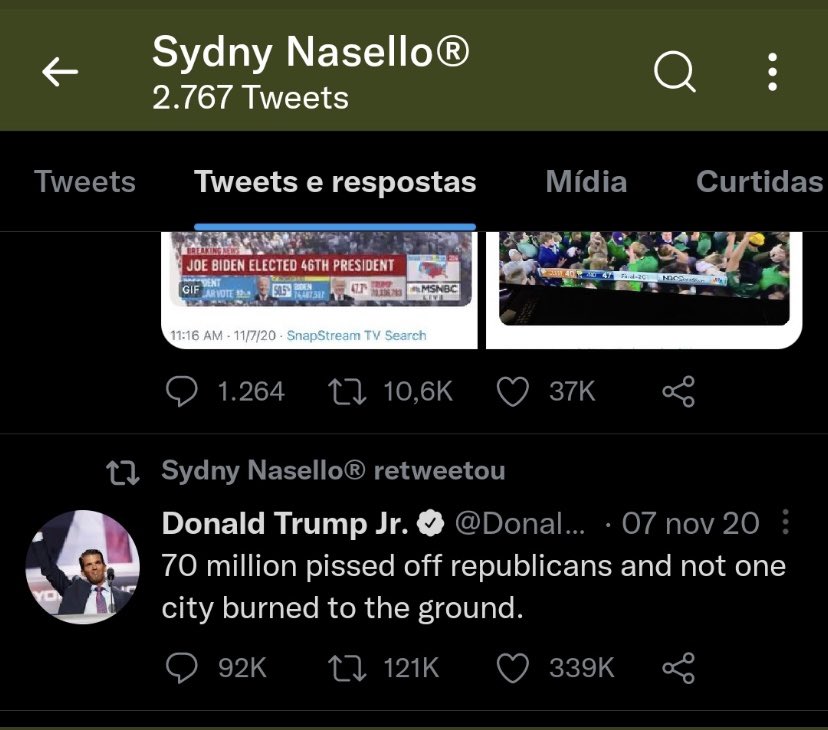 A tweet by Donald Trump, Jr., which was retweeted by Sydny Nasello, reading "70 million pissed off republicans and not one city burned to the ground." The tweet is dated November 7, 2020.