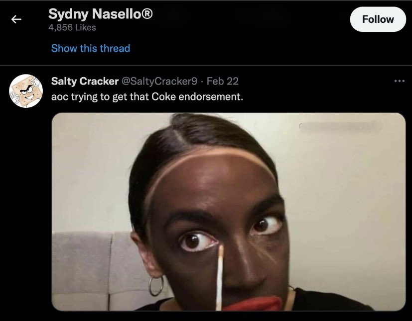 A tweet by @SaltyCracker9, which Sydny Nasello "liked," reading, "aoc trying to get that Coke endorsement." A photo shows a manipulated photo of Alexandria Ocasio-Cortez appearing to apply blackface makeup.