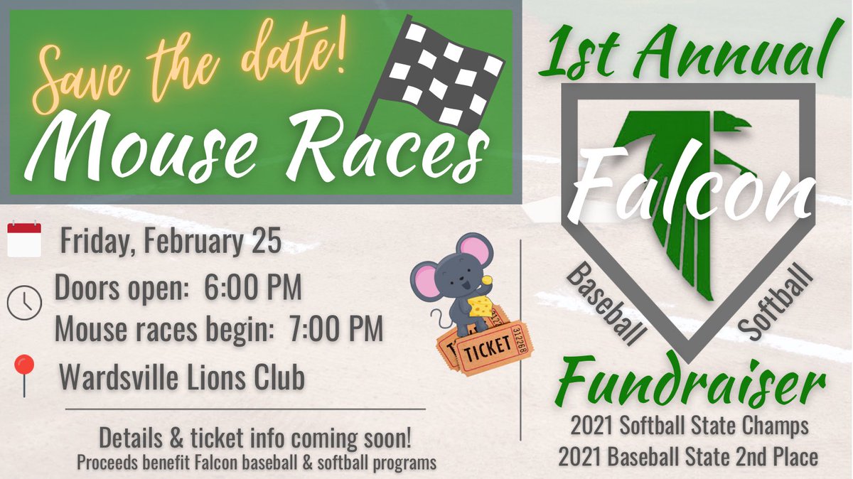 📣ANNOUNCEMENT:
Mark your calendars for the 1st Annual Fundraiser supporting the Falcon baseball &amp; softball programs!

📣Mouse Races | Fri, Feb 25 | 
Doors open @ 6:00 PM

📣Details and ticket info coming soon. 
<a href="/weareblairoaks/">Blair Oaks Falcons</a> <a href="/BlairOaksSB/">Blair Oaks Softball</a>