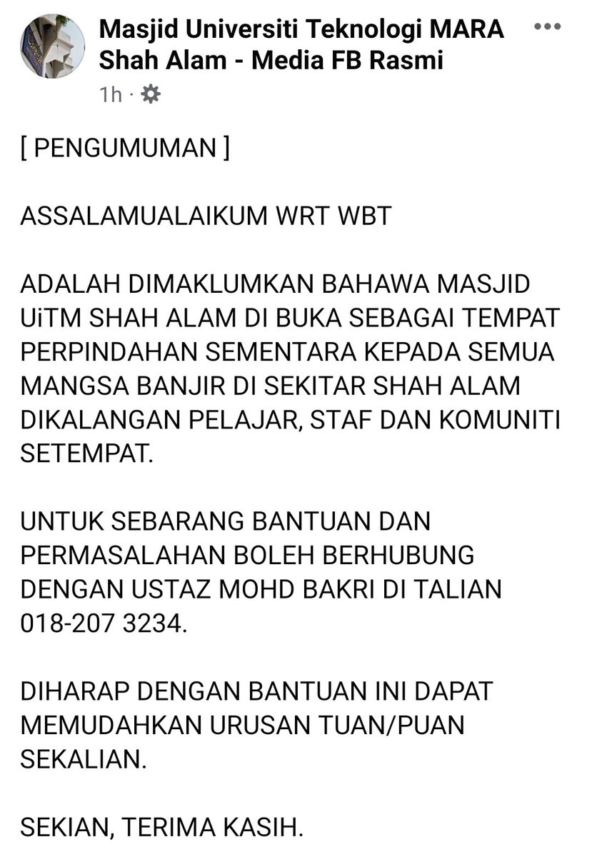 ASSALAMUALAIKUM WRT WBT

ADALAH DIMAKLUMKAN BAHAWA MASJID UiTM SHAH ALAM DI BUKA SEBAGAI TEMPAT PERPINDAHAN SEMENTARA KEPADA SEMUA MANGSA BANJIR DI SEKITAR SHAH ALAM DIKALANGAN PELAJAR, STAF DAN KOMUNITI SETEMPAT.

SILA HUBUNGI USTAZ MOHD BAKRI DI TALIAN 018-207 3234 UTK BANTUAN.