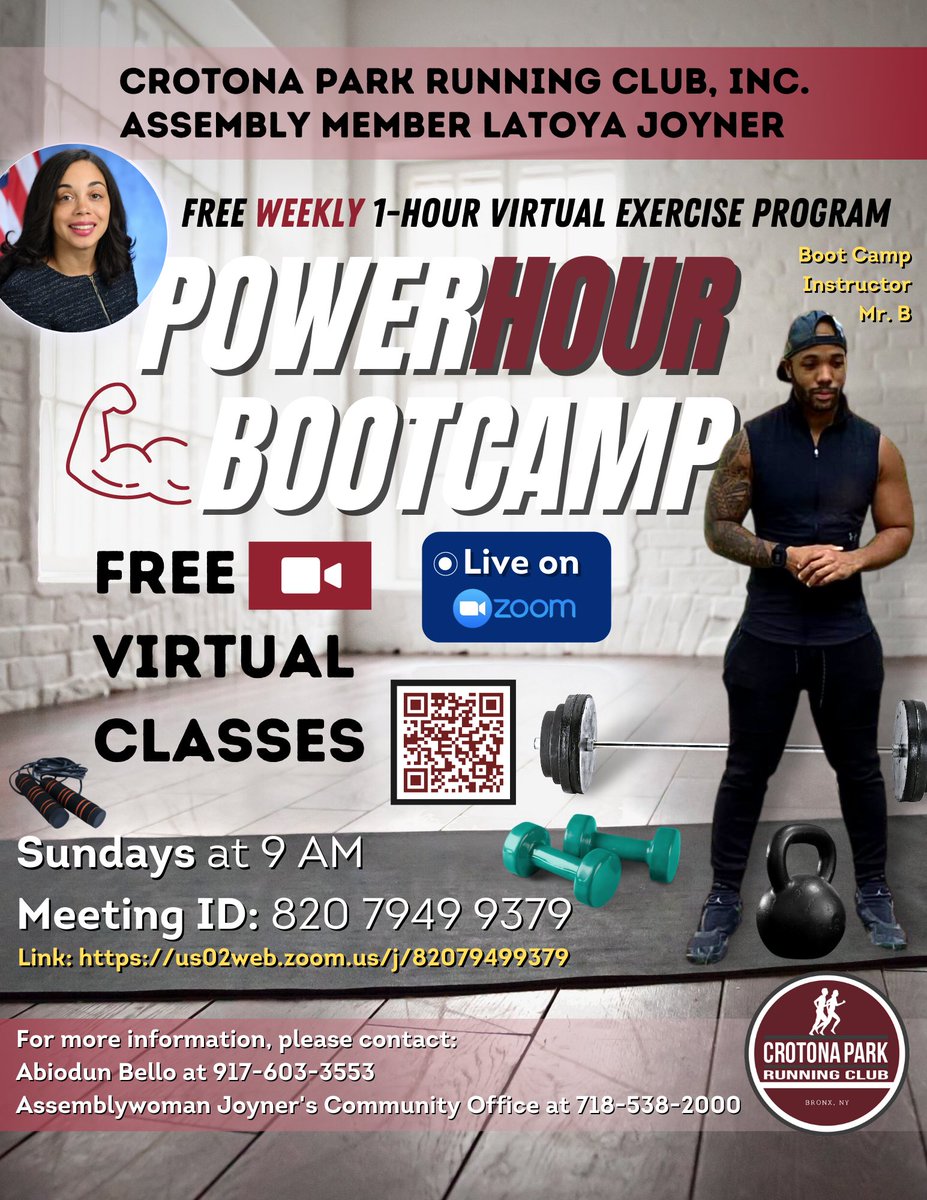 JoinJoyner's tweet photo. The #PowerHour Bootcamps are back! This time around they’re virtual 💻🏋️♀️ #JoinHER and the Crotona Running Club every SUNDAY at 9 AM for FREE weekly 1-hr workouts. https://t.co/liW5Jtkxvk