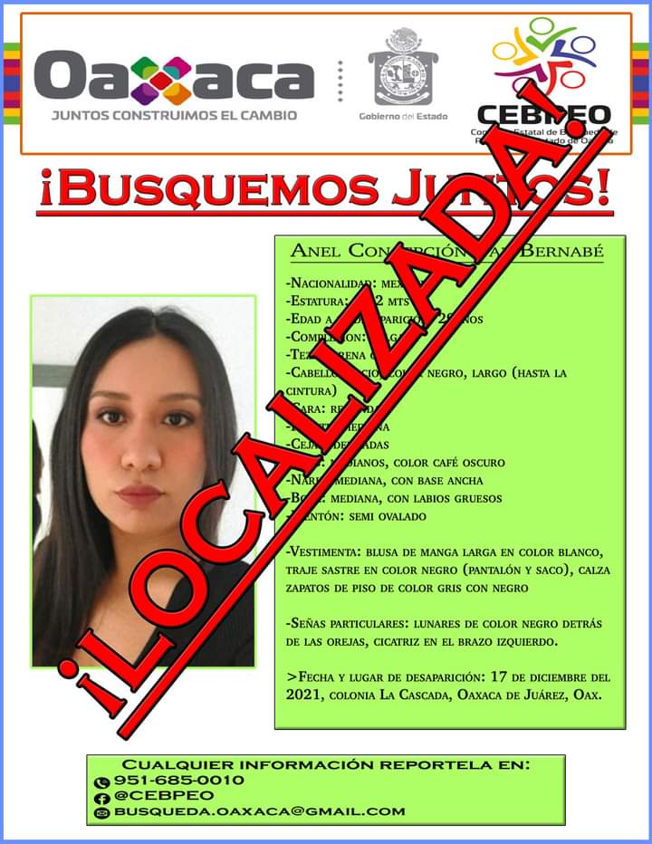 Fam_Unidas_AC's tweet photo. Se informa que la C. Anel Concepción Díaz Bernabé ya fue LOCALIZADA.
Agradecemos a toda la ciudadanía que colaboró en su difusión y búsqueda.
Vía #CEBPEO https://t.co/AssNi6nCdh