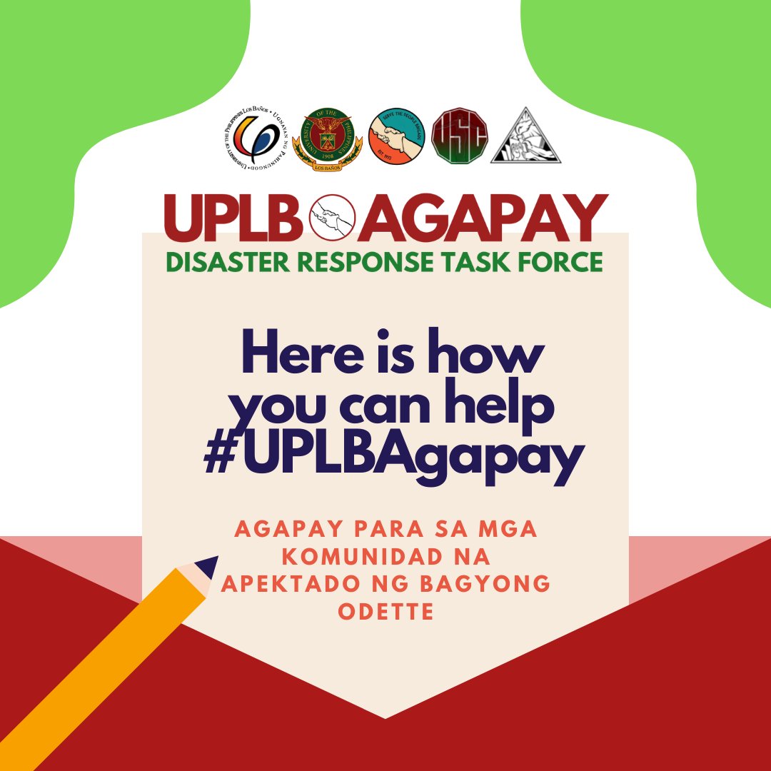 stpbuplb's tweet photo. 💗 Let us coordinate our efforts through collective community response! ✊🏼
Here is how you can help #UPLBAgapay.
UPLB's Disaster Response Task Force is calling for donations for the benefit of the communities affected by Typhoon #OdettePH
#UPLBAgapay #ReliefPH #STPBRelief https://t.co/UIGIcg2gEP