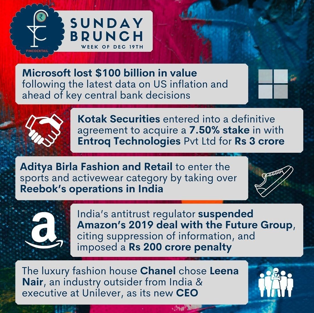 FinCocktail's tweet photo. From the $100 Billion valuation of #Microsoft to a brand new CEO for #CHANEL, here's the top news of the week that was π₯
#FinCocktail #DemystifyingFinance #SundayBrunch #Sunday #NewsOfTheWeek https://t.co/bmkhckRHg7