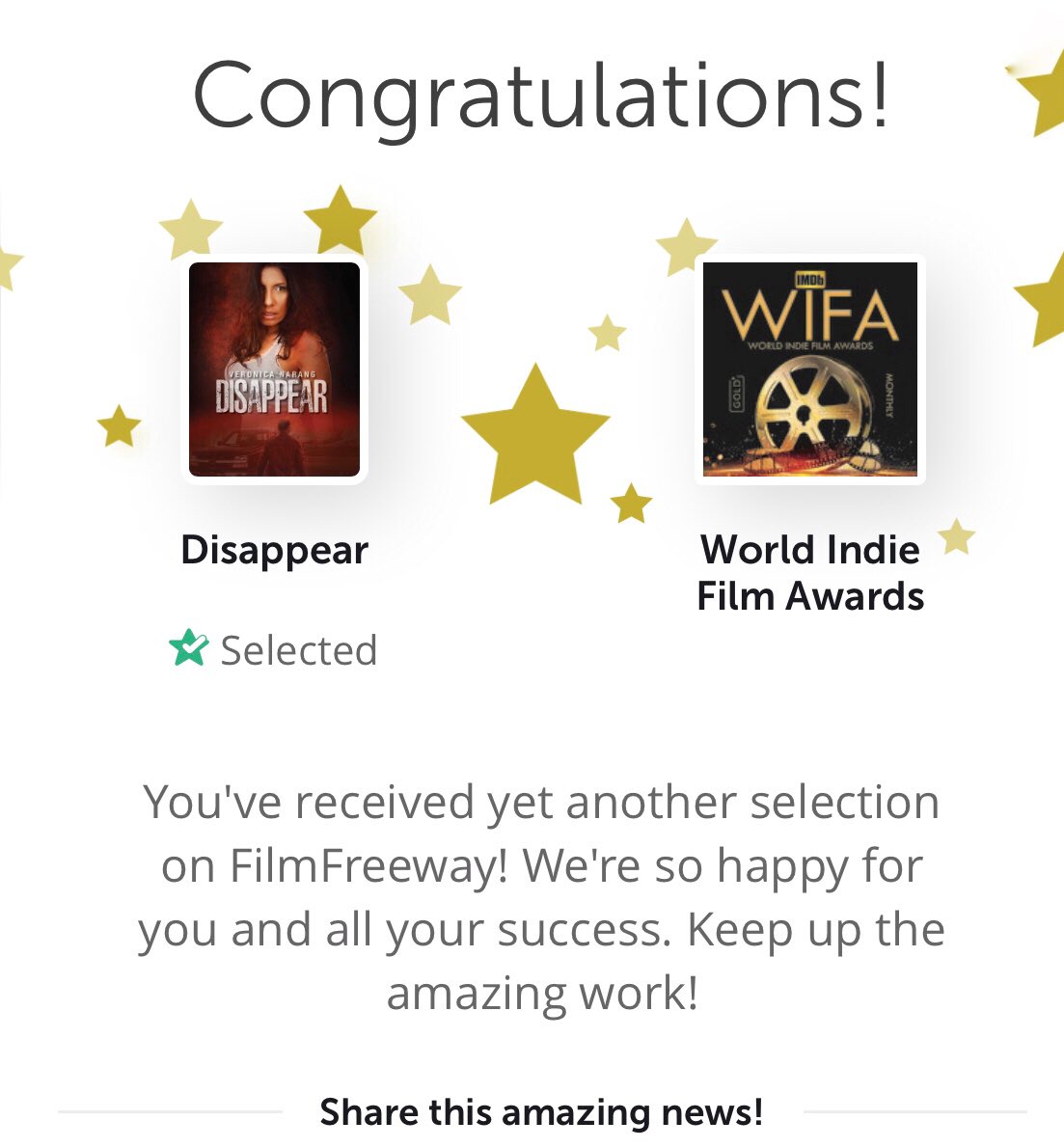 Disappear for official selection at #worldindiefilmawards ❤️❤️