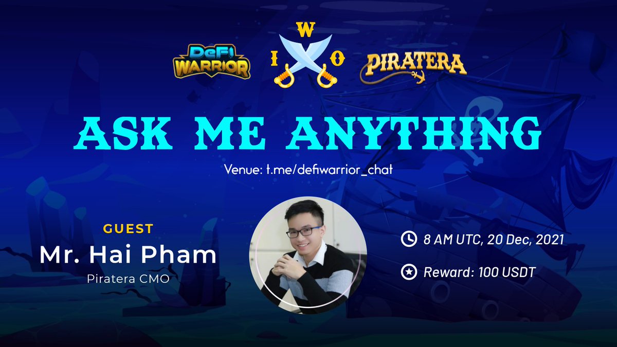 TheMeraGame's tweet image. 🔥What great news!

We're glad to host an AMA with @PirateraBay to talk about Initial Warrior Offering

⏰8am UTC, 20 Dec

🌟Total reward: 100$ 

Like &amp;amp; retweet with hashtags below
Join: t.me/defiwarrior_ch… 
Tag 3 friends + Cmt question

#defiwarriorIWO #metaverse #PlayToEarn