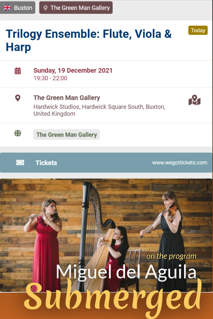 MigueldelAguil's tweet photo. Tomorrow Sunday, #Submerged at The #GreenManGallery in #Buxton #UK concluding a great program of flute, viola harp works performed by #TrilogyEnsemble https://t.co/I9IAJLM1sN