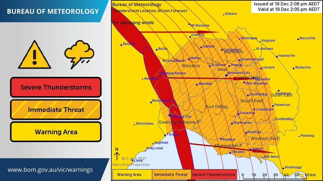 ⚠️ Severe Thunderstorm Warning ⚠️ has been updated for #Melbourne. Change has moved through Geelong at ~2pm. 91km/h wind gust reported at Avalon. The change will cross the rest of Melbourne area over the next hour. Warning details:  ow.ly/uAcW50HeShc