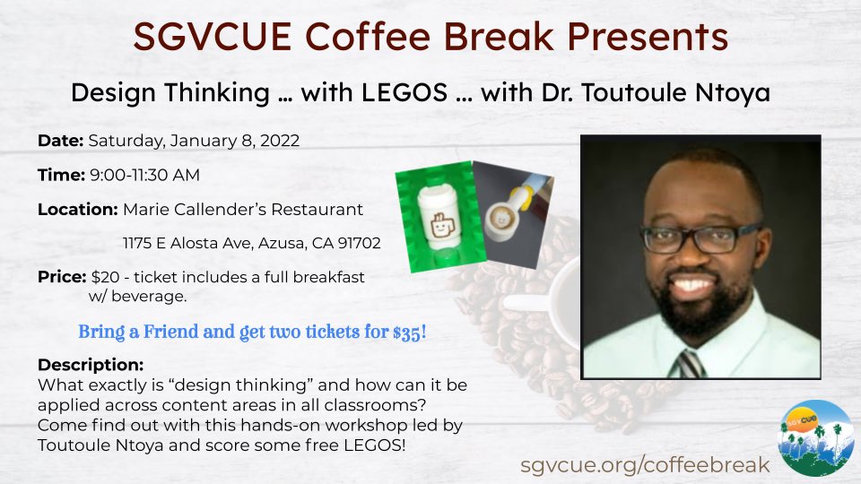 SGVCUE's tweet image. It’s 🕰 for an in person Coffee Break!Join us for a delicious breakfast &amp;amp; amazing #DesignThinking preso by @ToutouleNtoya on Sat, 1/8/22! 
venmo.com/SGVCUE
OR paypal.me/SGVCUE 
#wearecue Include ur email &amp;amp; name in payment notes! #edtech