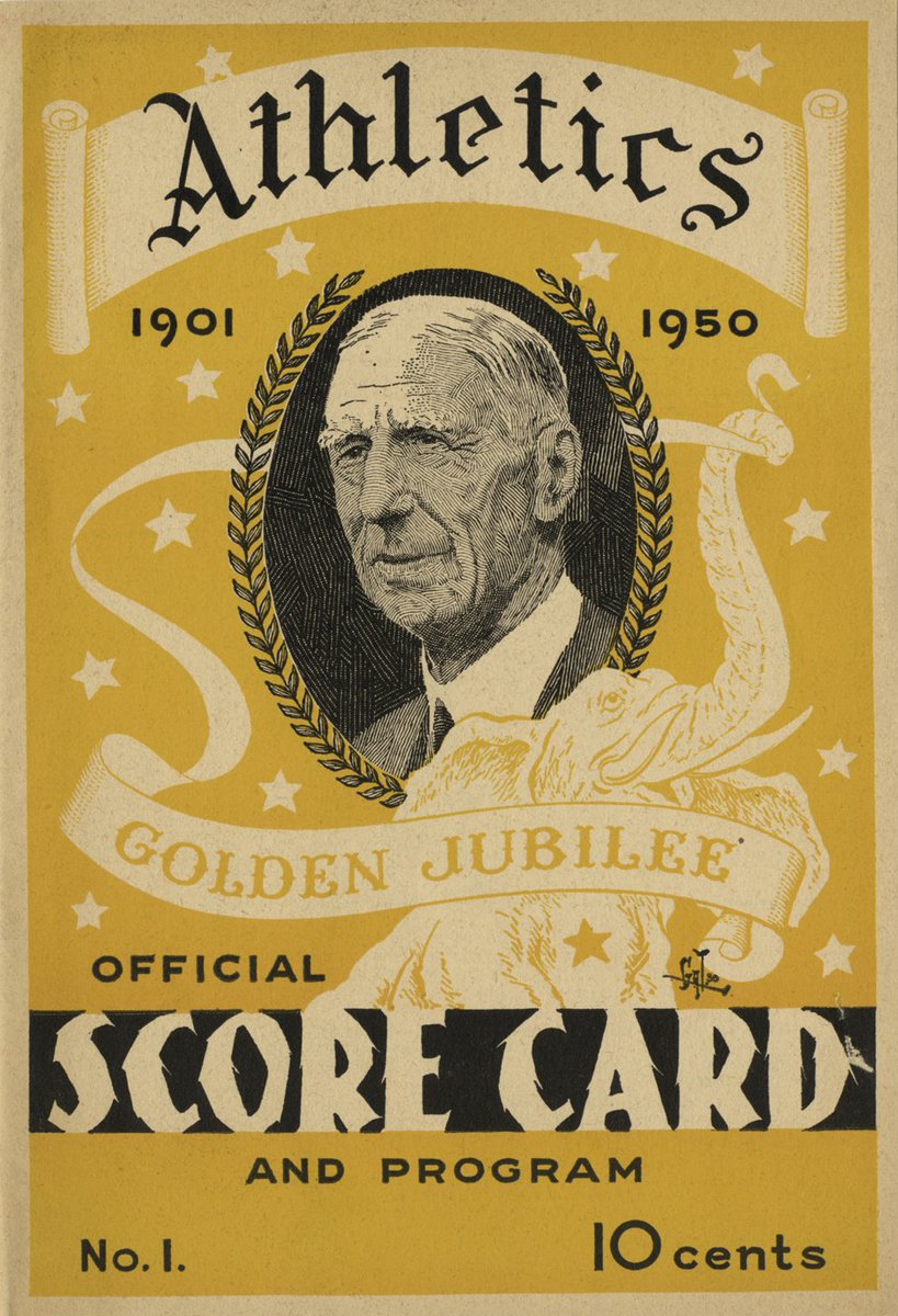 AlexCheremeteff's tweet photo. A 1950 Philadelphia Athletics scorecard - celebrating Connie Mack's 50th season as manager of the club.

#Mackmen #MLB https://t.co/FtCWACxPfc