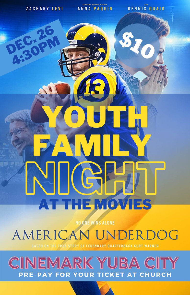 @AmericanUnderdg, we’re taking our youth group & families next Sunday! Bought out the entire theater! I caught a pre-screening with our church staff a few weeks back, and we LOVED it! Can’t wait for others to see it! @kurt13warner @ZacharyLevi @AnnaPaquin @KingdomStoryCo