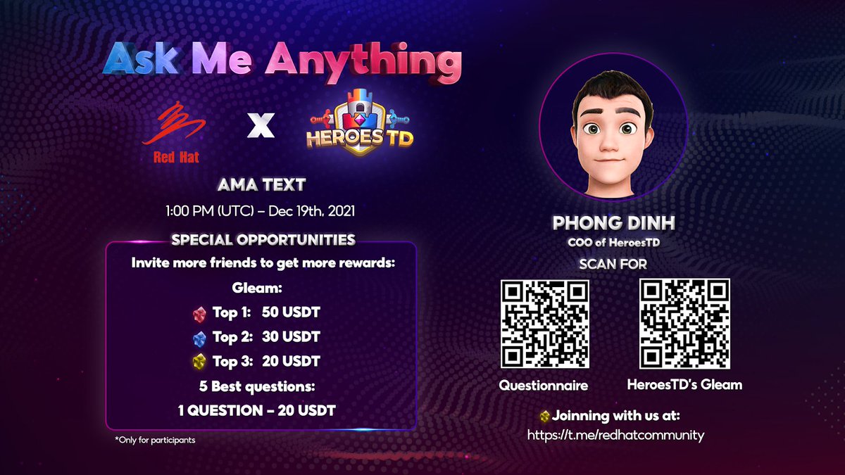 heroes_td's tweet photo. Join our AMA with RED HAT at 8 PM (GMT +7) - December 19th, 2021.
✨ Gleam: https://t.co/Emrin9tQGj
#heroestd #nftgame #redhat https://t.co/L3GFgwPPh5