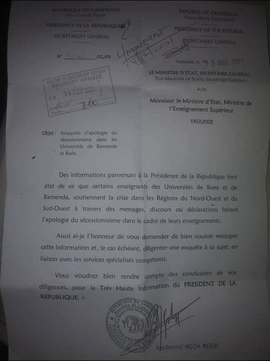 innochia's tweet photo. Yaounde, Cameroun - Dec 18, 2021 - Cameroun's SG @ the Presidency, Ngoh Ngoh, has rattled fence-sitters with a call for his Gestapo to 'disappear' Southern Cameroonian University teachers who are not teaching @PR_Paul_BIYA's one &amp; indivisible revisionist history of The Cameroons. https://t.co/mRXYslq6sk